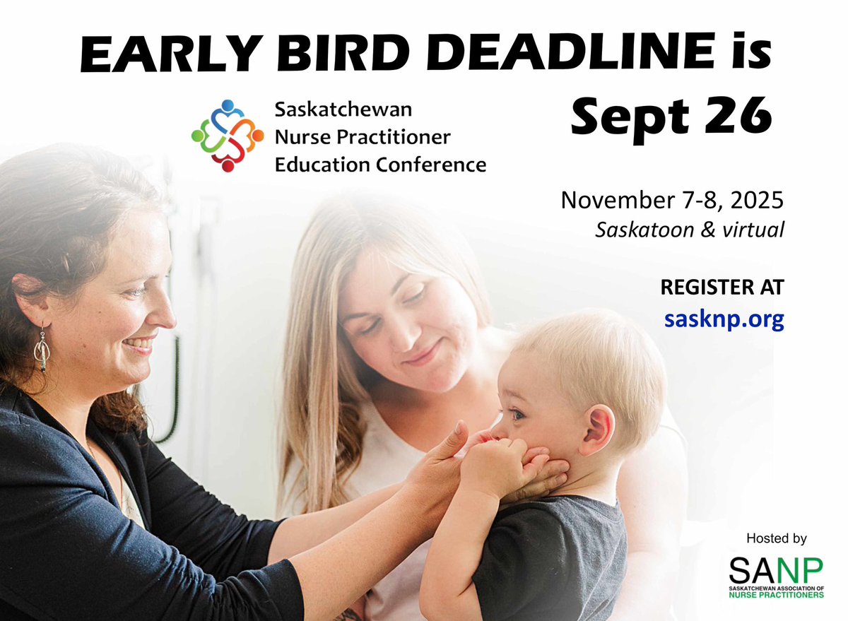 Don’t miss out! Register now for the Saskatchewan Nurse Practitioner Education Conference. Early bird deadline is Sept 26. Join us in Saskatoon or virtually on November 7–8, 2025. 🌿👩‍⚕️👨‍⚕️ Learn more at sasknp.org