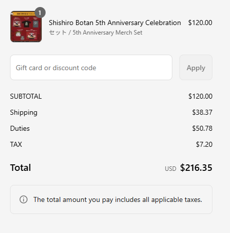 Duties cost more than the shipping... I haven't missed a Botan set except one... Botan usually makes really good ramen themed sets and this comes with an apron I can actually use at work too... I'm actually really crashing out about this