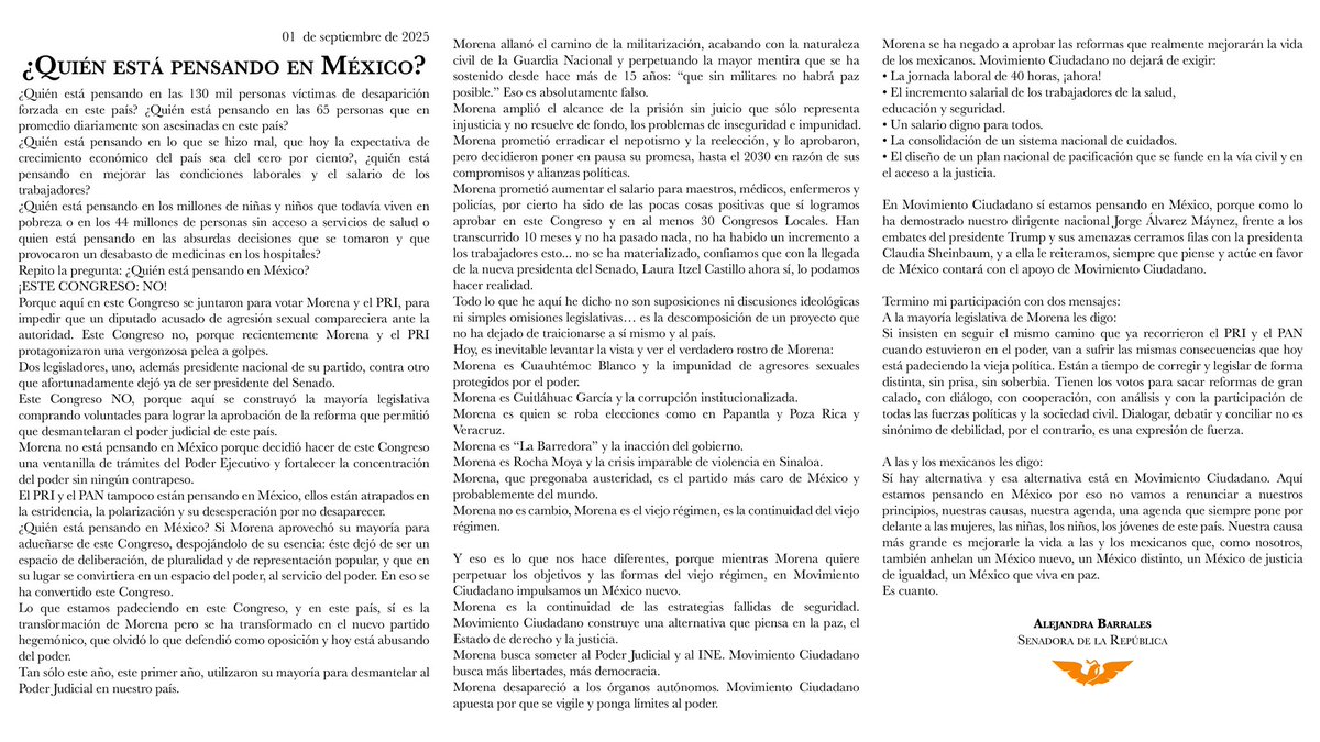 ¿Quién está pensando en México? 
Este Congreso NO, tampoco Morena ni el PRIAN. Hoy estamos aquí para decirle a México que Movimiento Ciudadano sí, y que no abandonaremos nuestra causa más grande: un México nuevo, un México de justicia, de igualdad, un México que viva en paz. Este