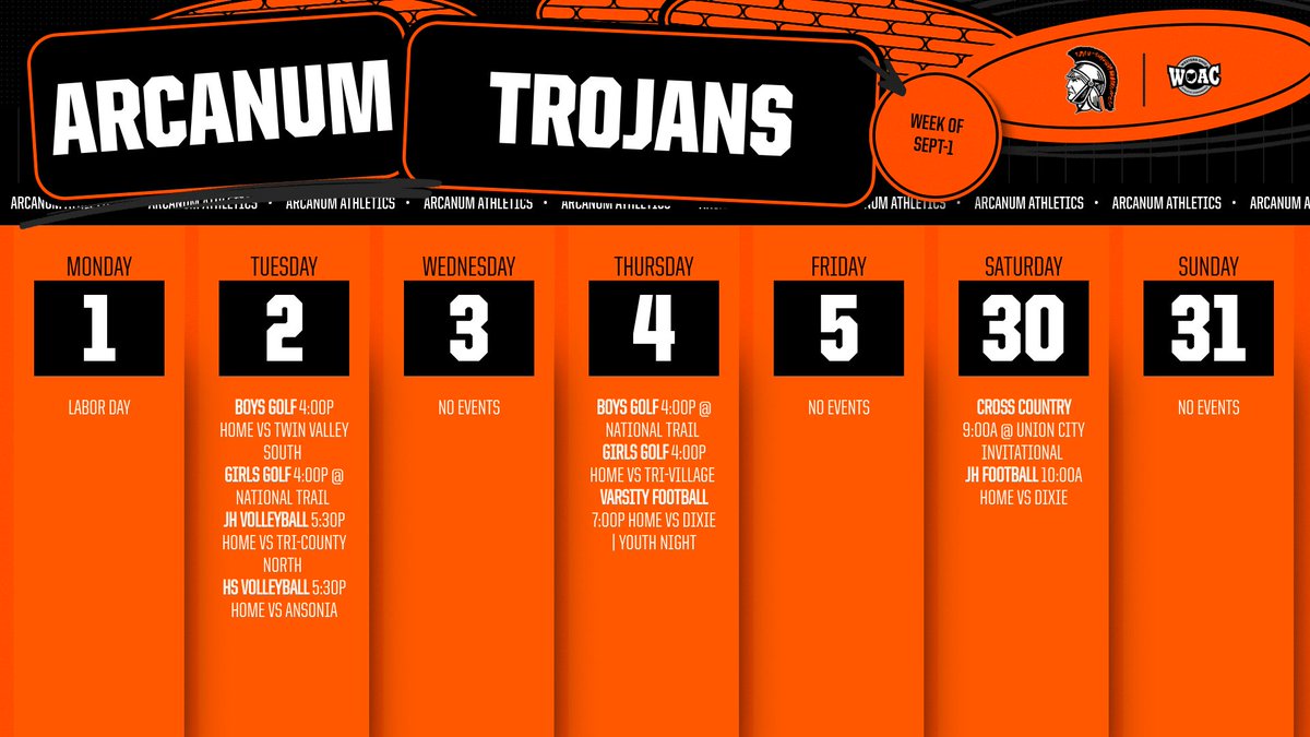 Weekly Athletic Schedule | SEPT-1  Go Trojans!

*Varsity Football will be Thursday night this week and JH Football on Saturday morning*