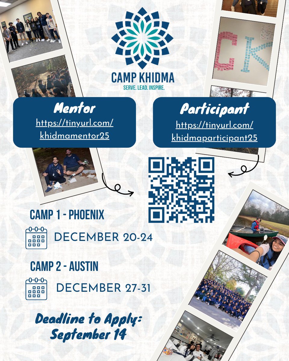 TheIsmailiUSA's tweet photo. Calling all participants and mentors: join Camp Khidma in Phoenix, Arizona, from December 20–24, or in Austin, TX, from December 27–31, for a service and leadership adventure! Apply by Sunday, September 14, 2025. https://t.co/lyeRvf3WxG