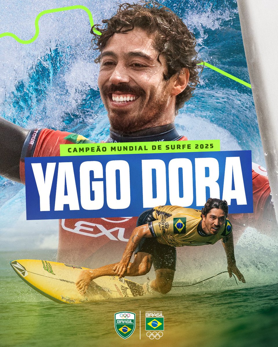 YAGO DORA É CAMPEÃO MUNDIAL DE SURFE! 🏆🌊

Nosso atleta brilhou nas ondas de Fiji e conquistou o título da WSL 2025, derrotando o americano Griffin Colapinto na grande final. 

Um momento histórico que coroa a trajetória de talento e dedicação do brasileiro, que agora entra para