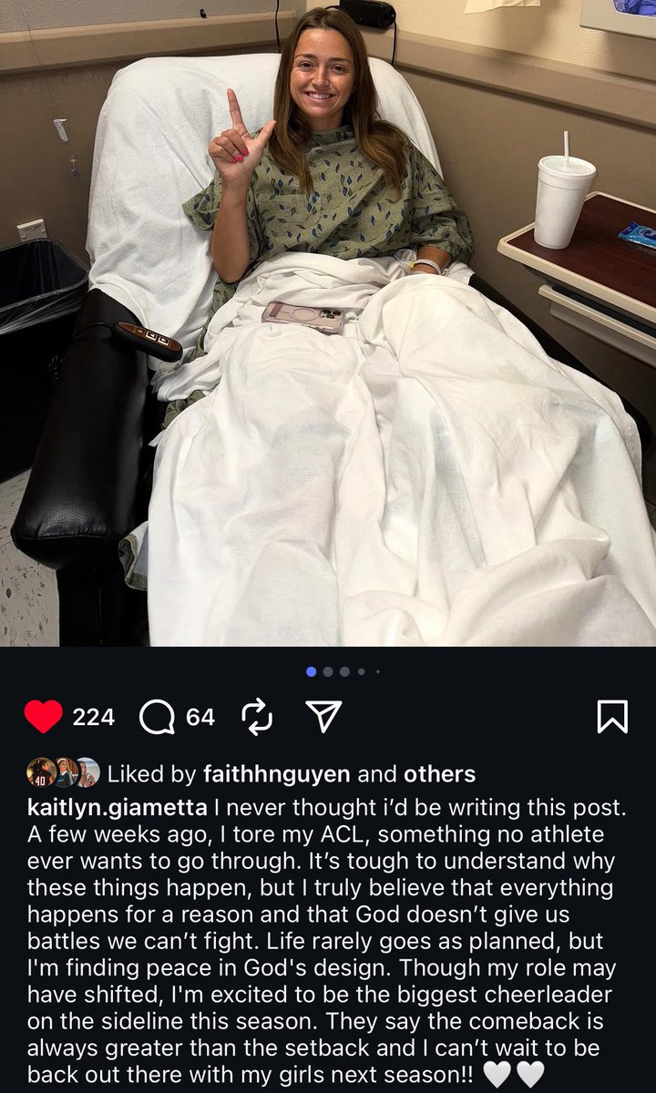 Texas Tech Soccer Senior forward Kaitlyn Giametta confirms via her Instagram that she tore her ACL.

The injury happened back in the first game of the season so she will be eligible to return next year. Prayers up, comeback season loading. 🙏🏻❤️