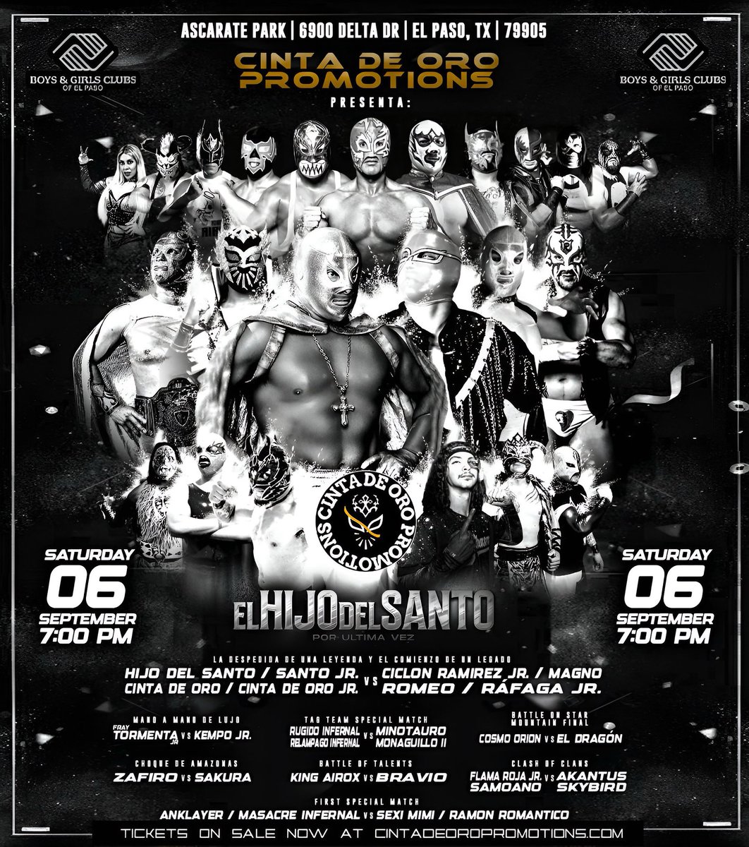 Cartelera Oficial

“POR ÚLTIMA VEZ”
La Despedida del Hijo del Santo
📍 Ascarate Park
📅 Viernes 6 de Septiembre

✨ Una noche histórica, donde la leyenda de plata pondrá punto final a su legado arriba del ring.👊🏽