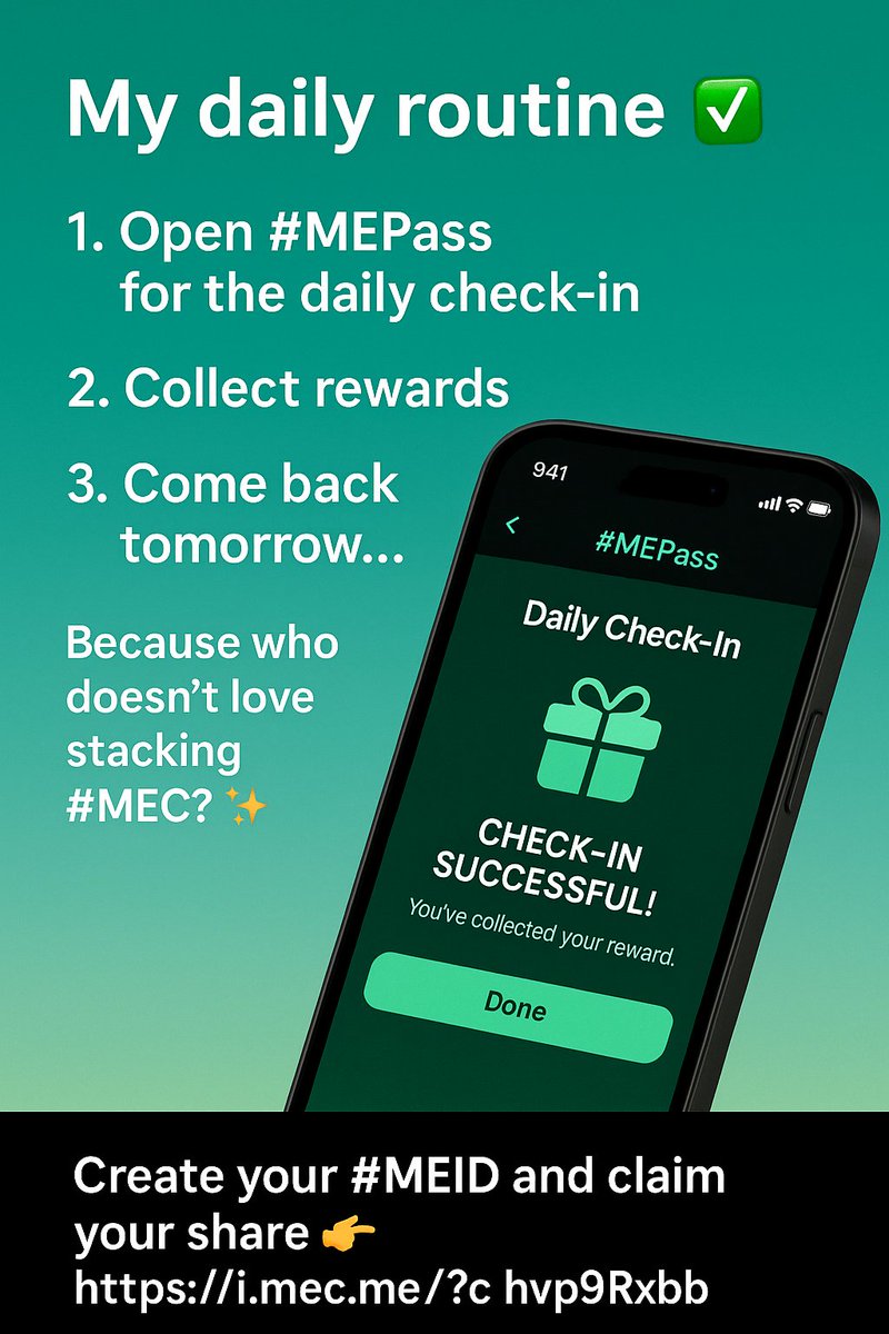 MetaEarth_ID's tweet image. Rutinitas harian saya ✅

1. Buka #MEPass untuk daily check in
2. Ambil reward
3. Balik lagi besok…

Karena siapa sih yang tidak suka menumpuk #MEC ✨

Buat #MEID kamu dan klaim bagianmu 👉 i.mec.me/?c=hvp9rxbb