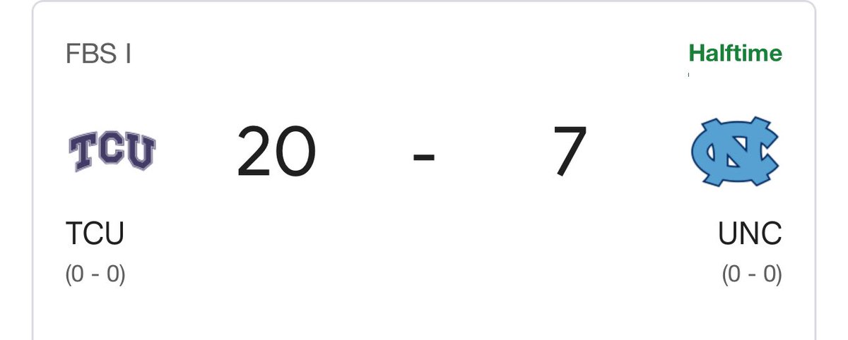 BOOOM!

Another easy POTD winner to start the month! 🤑💰

TCU vs UNC 1st half under 27.5 (-110) ✅✅ 

Told you guys this is not missing!!

LFG!! 🔥💪

#GamblingX #NCAAF