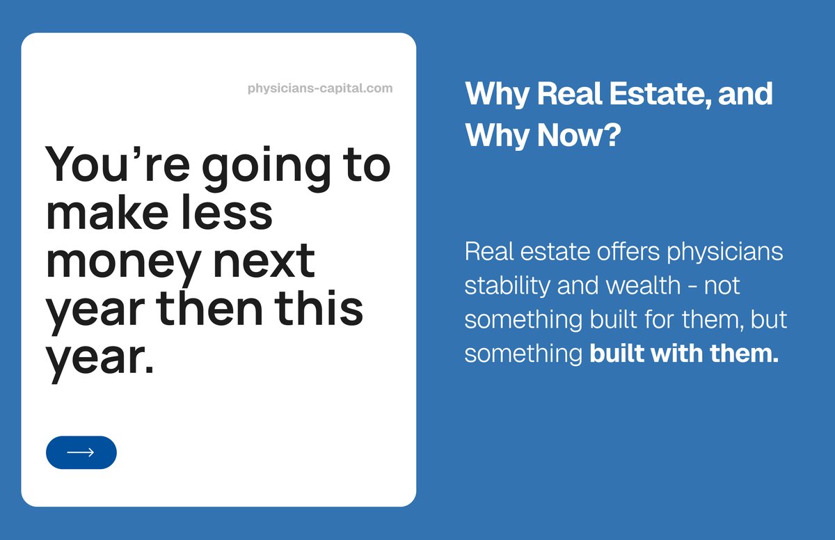 PhysCap's tweet photo. ☑️ Why Real Estate, and Why Now?

Even if you work the same or harder - next year, you’ll likely earn less.

Reimbursements fall, costs rise, and physician margins keep shrinking.

Stability has to come from somewhere else - real estate. https://t.co/5IWLSNB7sq