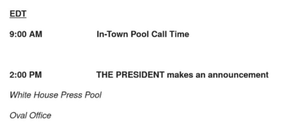 U.S. President Donald Trump will be making an announcement at 2:00 pm ET from the Oval Office.