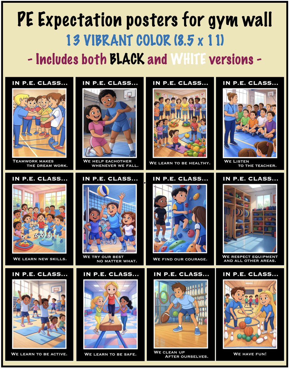 As requested, I've made another version of the posters with the heading "IN PE CLASS" (for those without a gym who teach PE outside). 13 poster set: teacherspayteachers.com/Product/IN-PE-… #physed #teachers