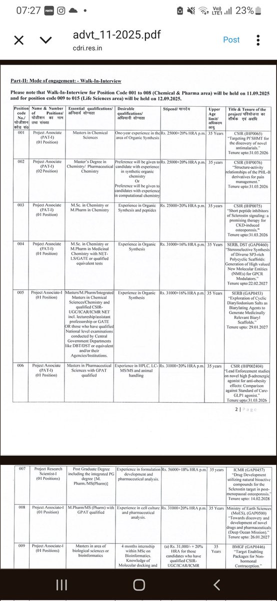 Project positions are available in Chemical Science at CSIR-CDRI. Interested eligible candidates may attend in walk in interview on 11th September.