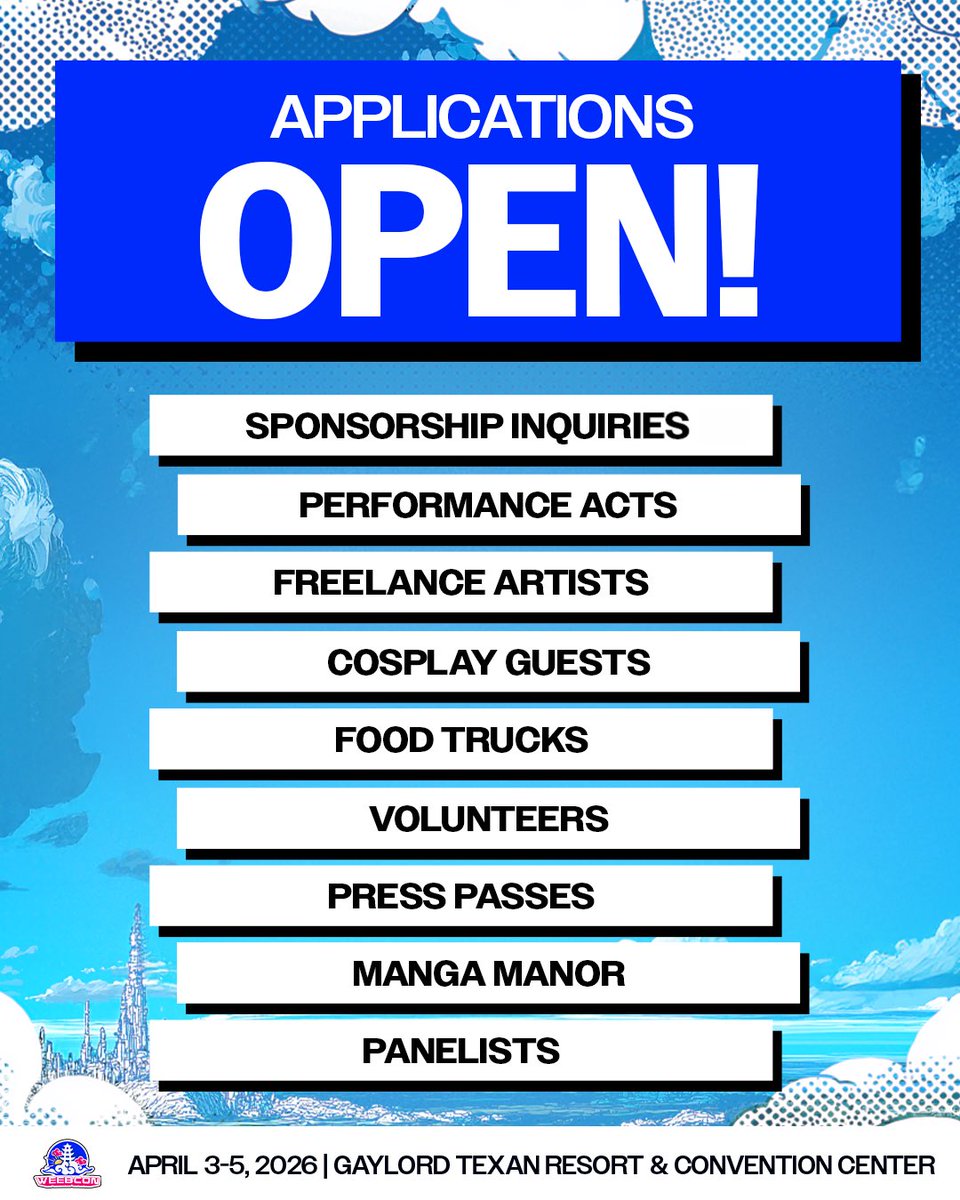 ⛅️APPLICATIONS ARE OPEN ⛅️
You can find the link to all applications on our Eventeny. 

eventeny.com/events/weebcon…

Applications are subject to close at any point in time due to submission influx - so don’t wait!