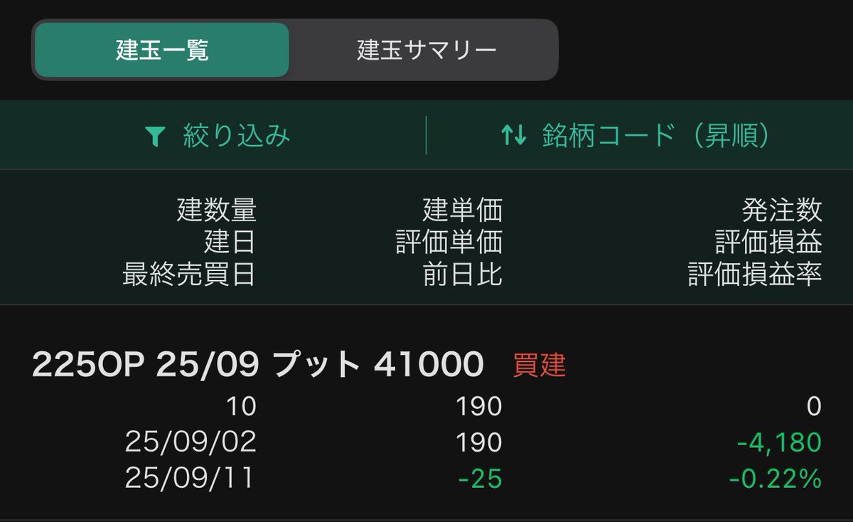 41000プット10枚買い 日経0円になれば＋4億