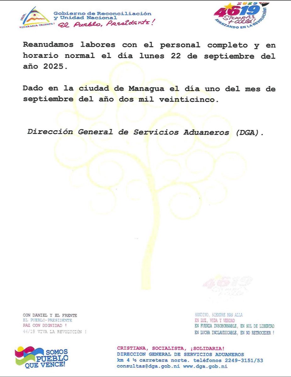 La Dirección General de Servicios Aduaneros, DGA, informa a los usuarios que, de acuerdo al comunicado oficial del MITRAB, el período de asueto por las Fiestas Patrias se extenderá del 12 al 21 de septiembre.
