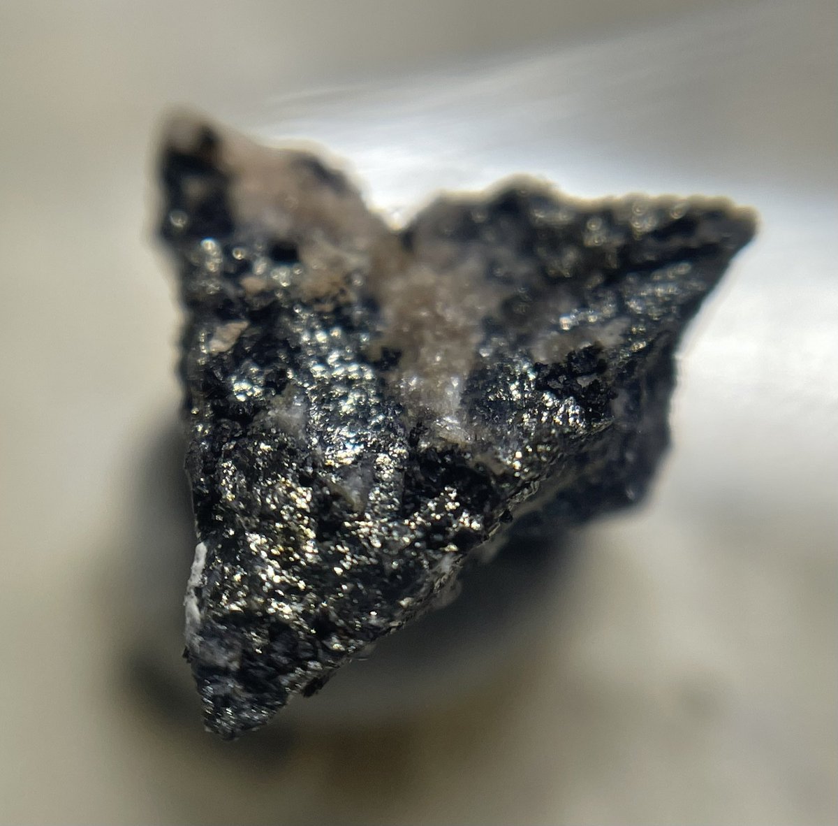 入手の難しい鉱物ですが8月産貿でお披露目した個体よりもかなりお安めなナギャグ鉱を買付けていたことを思い出しました。
鉛、金、アンチモン、テルルの硫化物である希少な鉱物です。
9月鉱物デーにて。