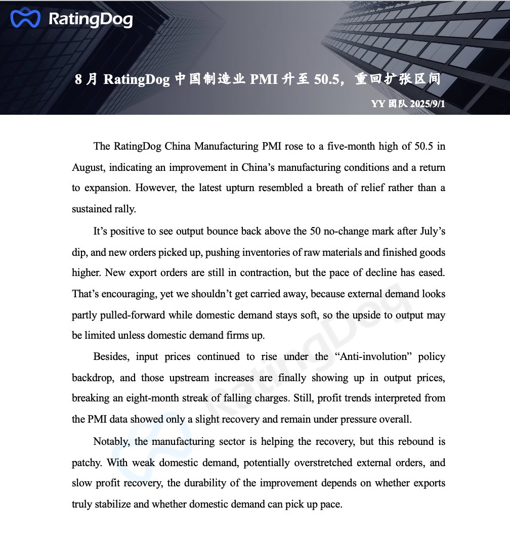 yaoyu201709's tweet image. As we approach a new month, YY Asia provides its take on the manufacturing industry amid the "anti-involution" policy in China in August. See attached file for the full commentary.

#yyasia #ratingdog #China #antiinvolution #competition #PMI #inflation #macro #economy