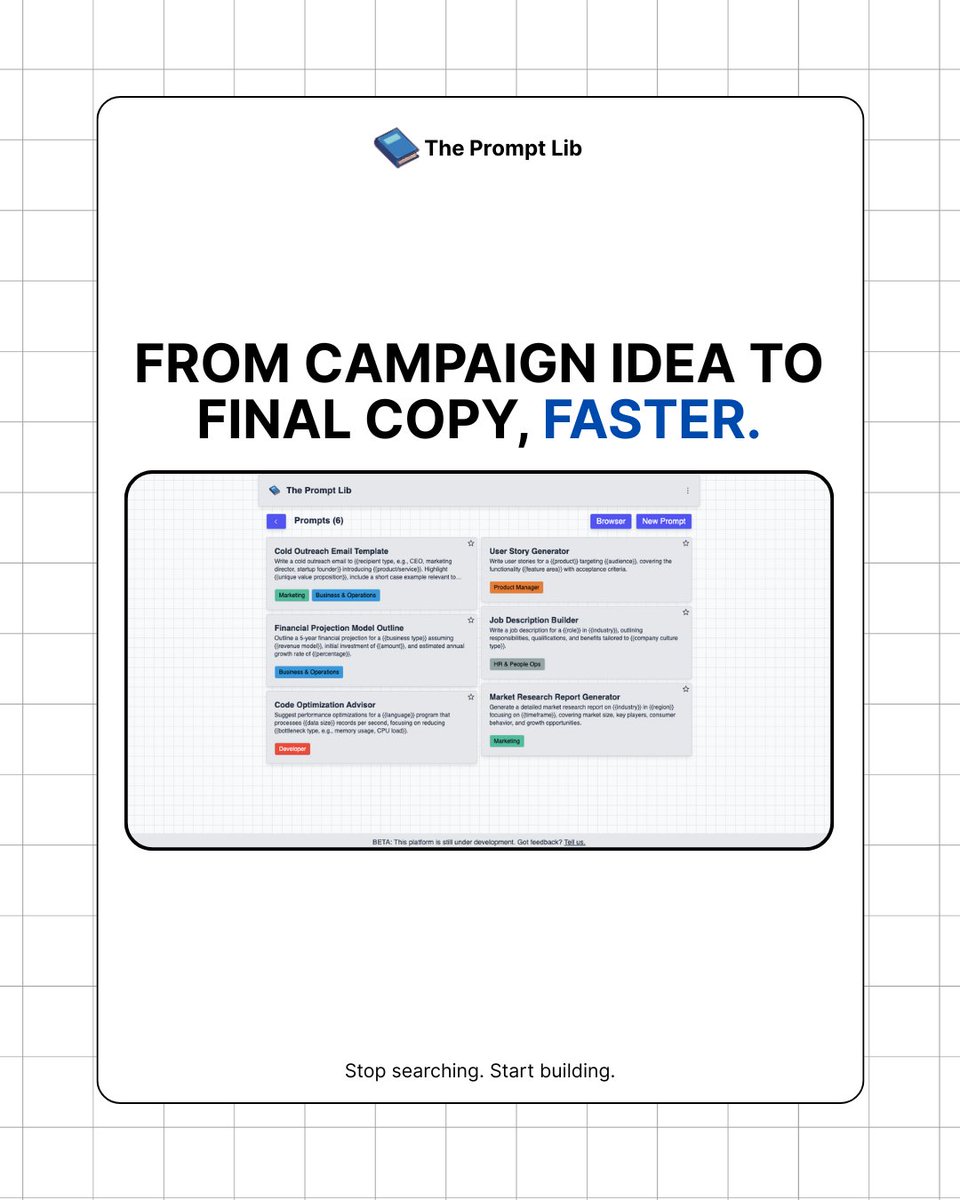 thepromptlib's tweet photo. For marketers: Stop juggling ad copy variations in a spreadsheet. With The Prompt Lib, save your winning formulas, tag them by campaign, and run them instantly to generate new copy. #MarTech #DigitalMarketing #AIforMarketing https://t.co/hn8jxIsanS