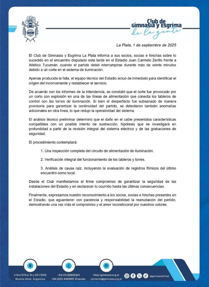 El comunicado oficial del club sobre lo sucedido hoy en el Bosque con la iluminación.

"Posible intento de sustracción"

#GELP