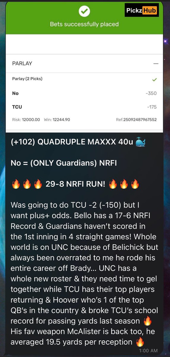 BANGGGGGG EASIEST BET OF ALL TIME!! 🐳✅

41-7 🤣 AND STILL IN THE 3rd QUARTER LMFAOO
BELICHICK THE MOST OVERRATED COACH OAT!!

(+102) QUADRUPLE MAXXX 40u 🐳✅
⚾️ (ONLY GUARDIANS) NRFI ✅
🏈 TCU ✅

🚨 FIRST 10 TO MESSAGE ME GET THE BIGGEST DISCOUNT IN HISTORY!!! NFL IS BACK