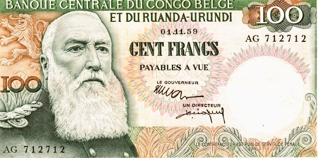 Que valaient 100 francs au Burundi en 1960? (Qu'est-ce qu'on pouvait acheter?) 

Cette monnaie porte l’effigie du roi Léopold II ( roi des belges du 17 décembre 1865 au 17 décembre 1909), dirigeant criminel qui fit du Congo sa propriété privée de 1885 à 1908.