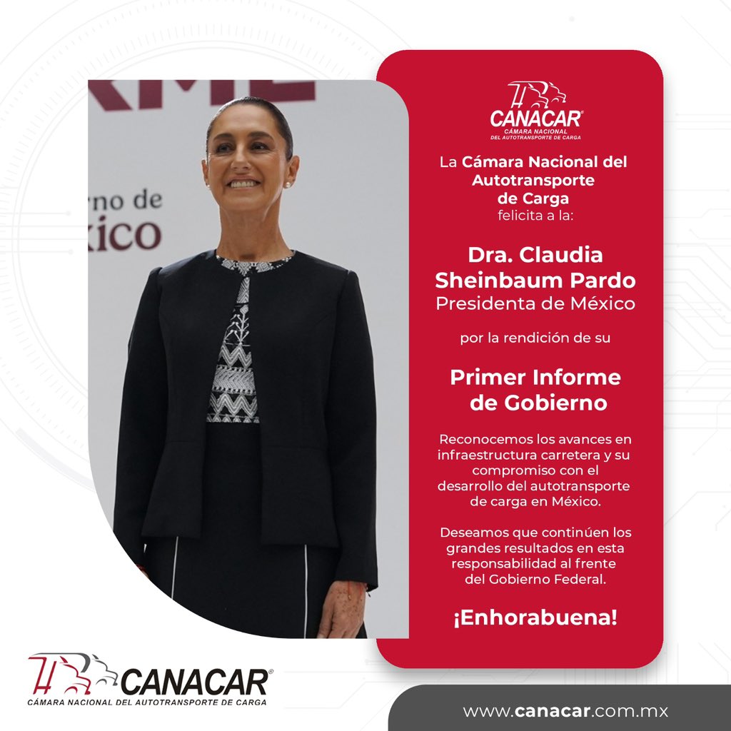 CANACAR (@canacarmexico) on Twitter photo La Cámara Nacional del Autotransporte de Carga (#CANACAR), presidida por el Ing. Miguel Ángel Martínez Millán (<a href="/Miguel_AMtzM/">Miguel Ángel Martínez Millán</a>), felicita a la presidenta de México, Dra. Claudia Sheinbaum Pardo (<a href="/Claudiashein/">Claudia Sheinbaum Pardo</a>), con motivo de su primer Informe de Gobierno.
En su mensaje, la La Cámara Nacional del Autotransporte de Carga (#CANACAR), presidida por el Ing. Miguel Ángel Martínez Millán (<a href="/Miguel_AMtzM/">Miguel Ángel Martínez Millán</a>), felicita a la presidenta de México, Dra. Claudia Sheinbaum Pardo (<a href="/Claudiashein/">Claudia Sheinbaum Pardo</a>), con motivo de su primer Informe de Gobierno.
En su mensaje, la