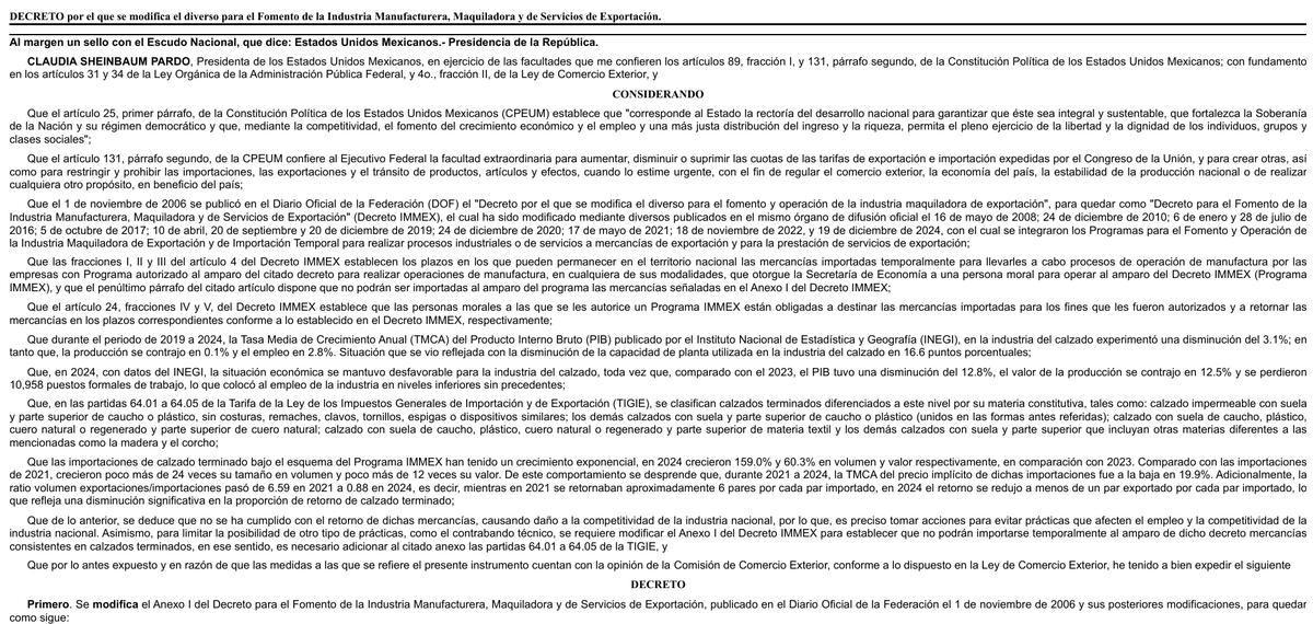 MEXCHAMChina's tweet image. On August 28, 2025, the #MexicanGovernment updated the IMMEX program to #restrict the #temporary import of certain goods, including finished #footwear, #textiles, #tires, and #sugar products.

WeChat: mp.weixin.qq.com/s/xRmKIADXzP_e…
Official Decree: dof.gob.mx/nota_detalle_p…