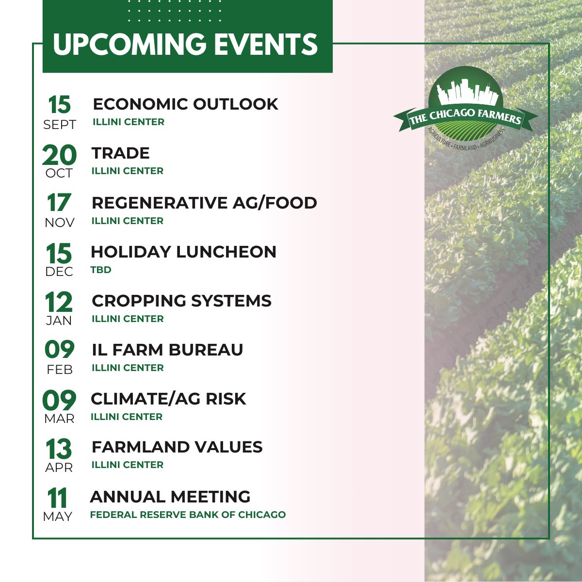 #TheChicagoFarmers explores topics critical to the agriculture industry throughout the year, from trade and risk management to farmland value. Check out our upcoming luncheons and events and mark your calendars for those you don’t want to miss!

chicagofarmers.org/meetinginfo.ph…