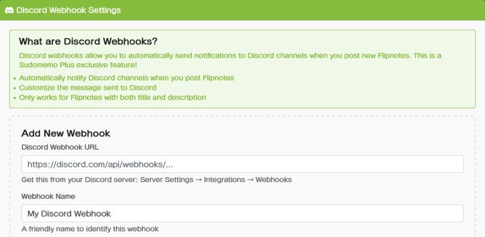 New Feature: Automatic Discord Webhook sharing when you upload!  Now you can have Sudomemo automatically share your Flipnote to your Discord server when you post. Just set it up in settings, upload your Flipnote, and it'll get sent out after you add a title/description!
