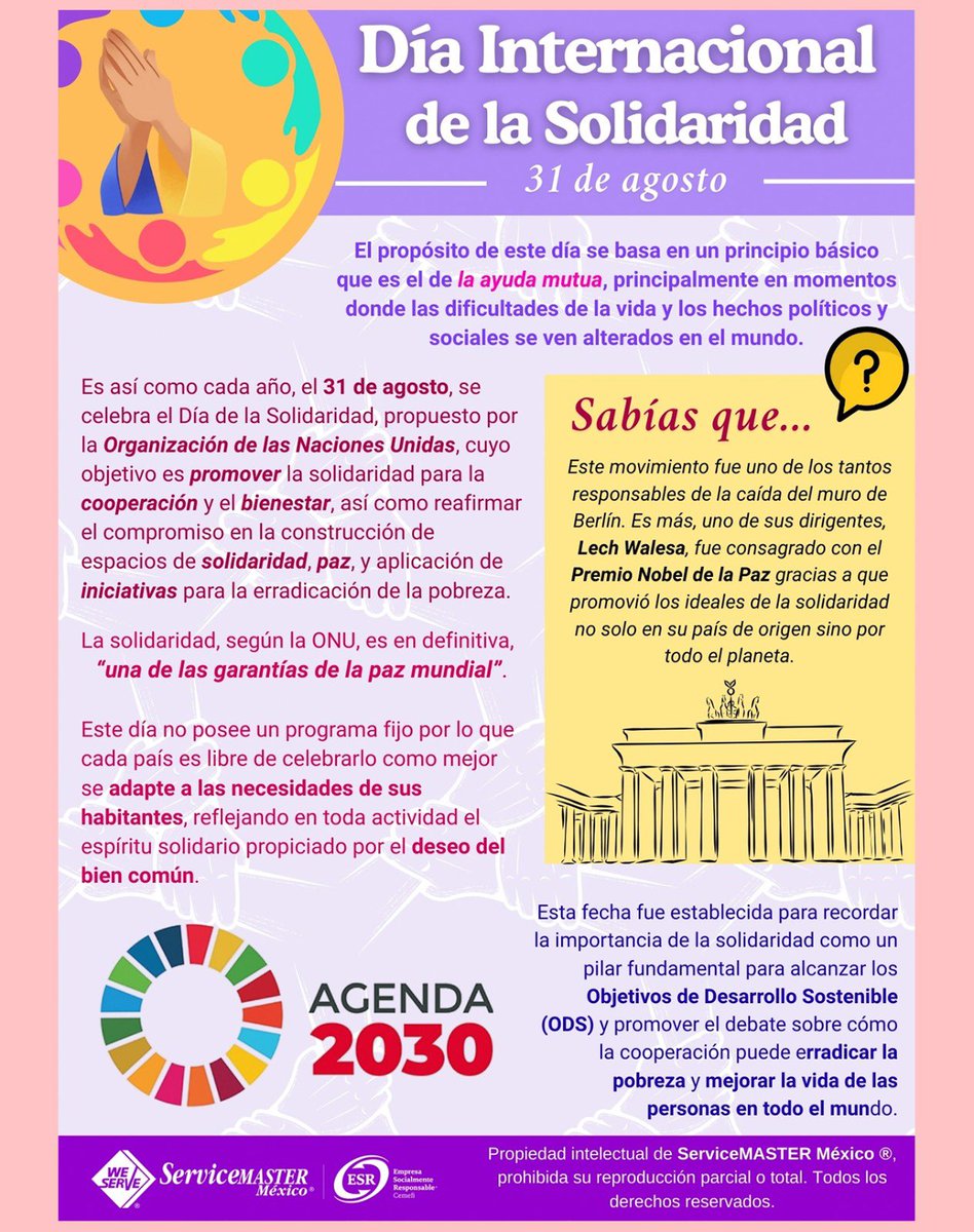 ServiceMasterM7's tweet image. 📆 | Hoy celebramos la cooperación y el apoyo mutuo en nuestro mundo. 🌎

En el Día Mundial de la #solidaridad, recordamos que en unión podemos construir un mejor lugar para todos los mexiquenses.🤝

#ESR #servicemastermexico #CuidemonosEntreTodos #SolidaridadEnAcción #31deAgosto