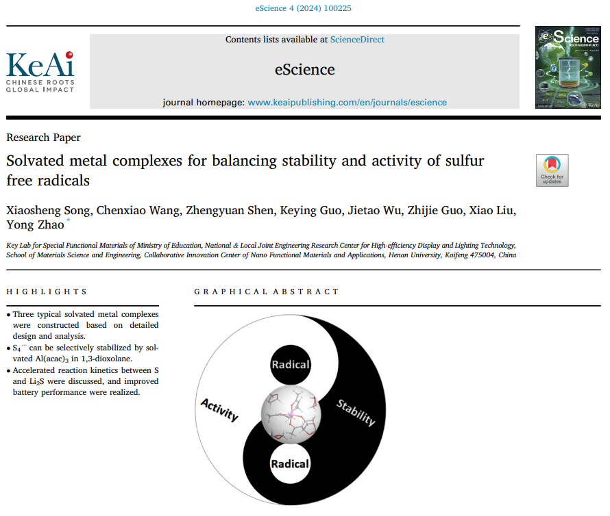 Solvated metal complexes for balancing stability and activity of sulfur free radicals, eScience 4 (2024) 100225, by Prof. Yong Zhao 
#Lithium–sulfur batteries
#Solvation
#Solvated complexes
#Al(acac)₃
#Free radical
lnkd.in/eZNhUWJw