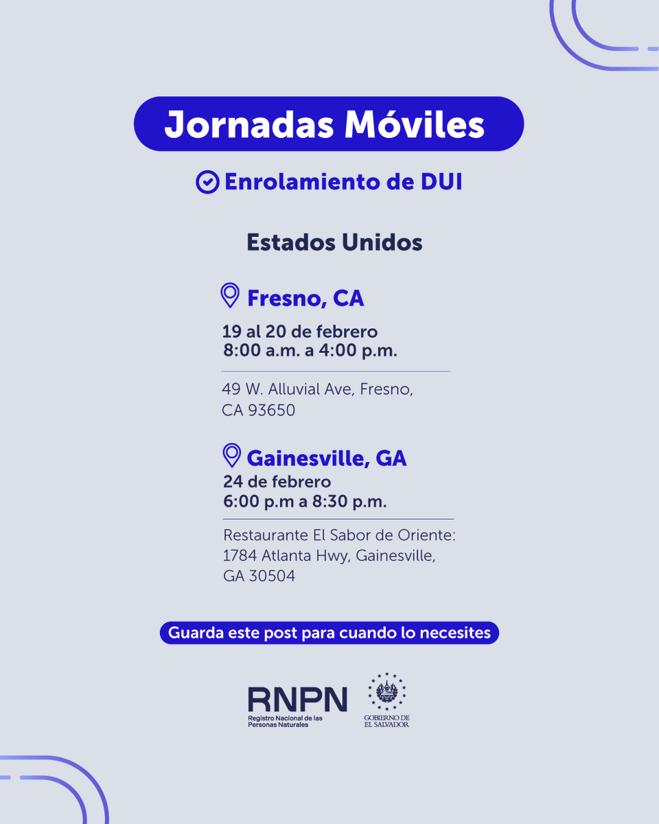 📣 Atención, #DiásporaSV en Fresno, California:

Si necesitas tramitar tu DUI, el <a href="/rnpn_sv/">RNPN El Salvador</a> estará apoyando con este importante documento.

Agenda en tu calendario los días 19 y 20 de febrero, de 8:00 a.m. a 4:00 p.m.

Te esperamos.