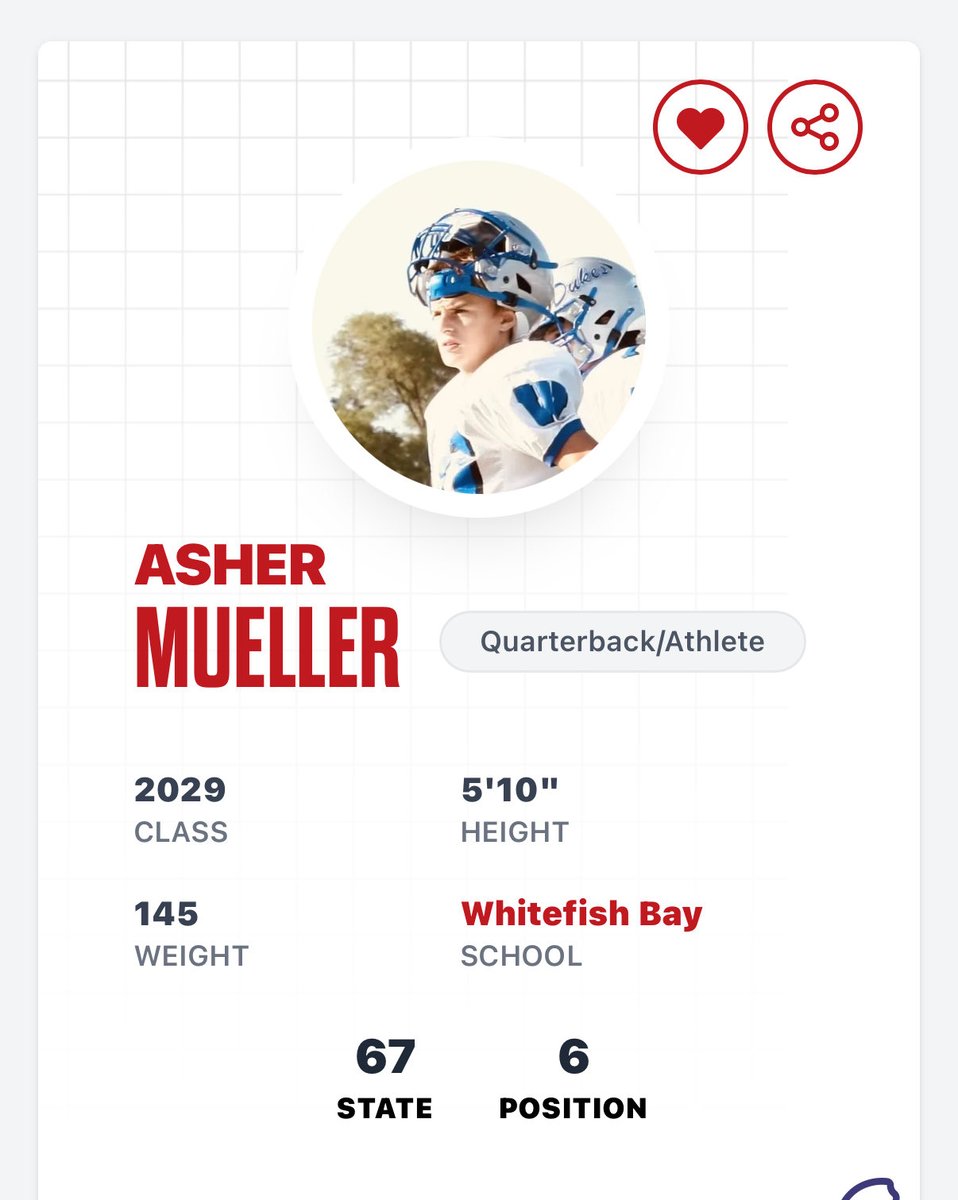 AsherMuellerQB's tweet photo. @MJ_NFLDraft @PrepRedzoneWI really appreciate the consideration and ranking - #6 QB/ATH and #67 overall.  Lots of work still to do with @BenjiKamrath. Proud to represent @wfbfootball! https://t.co/FGSbnTJCgn