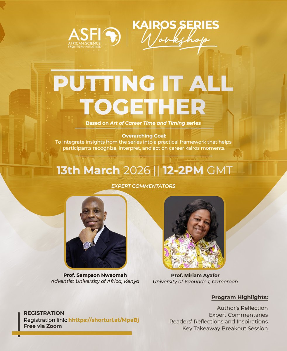 ASFI KAIROS SERIES WORKSHOP

Putting It All Together — Workshop on Art of Career Time &amp; Timing

Date: Friday, 13 March 2026
Time: 12:00–14:00 GMT
Venue: Zoom (Registration required – see below)

Registration Link: shorturl.at/MpaBj