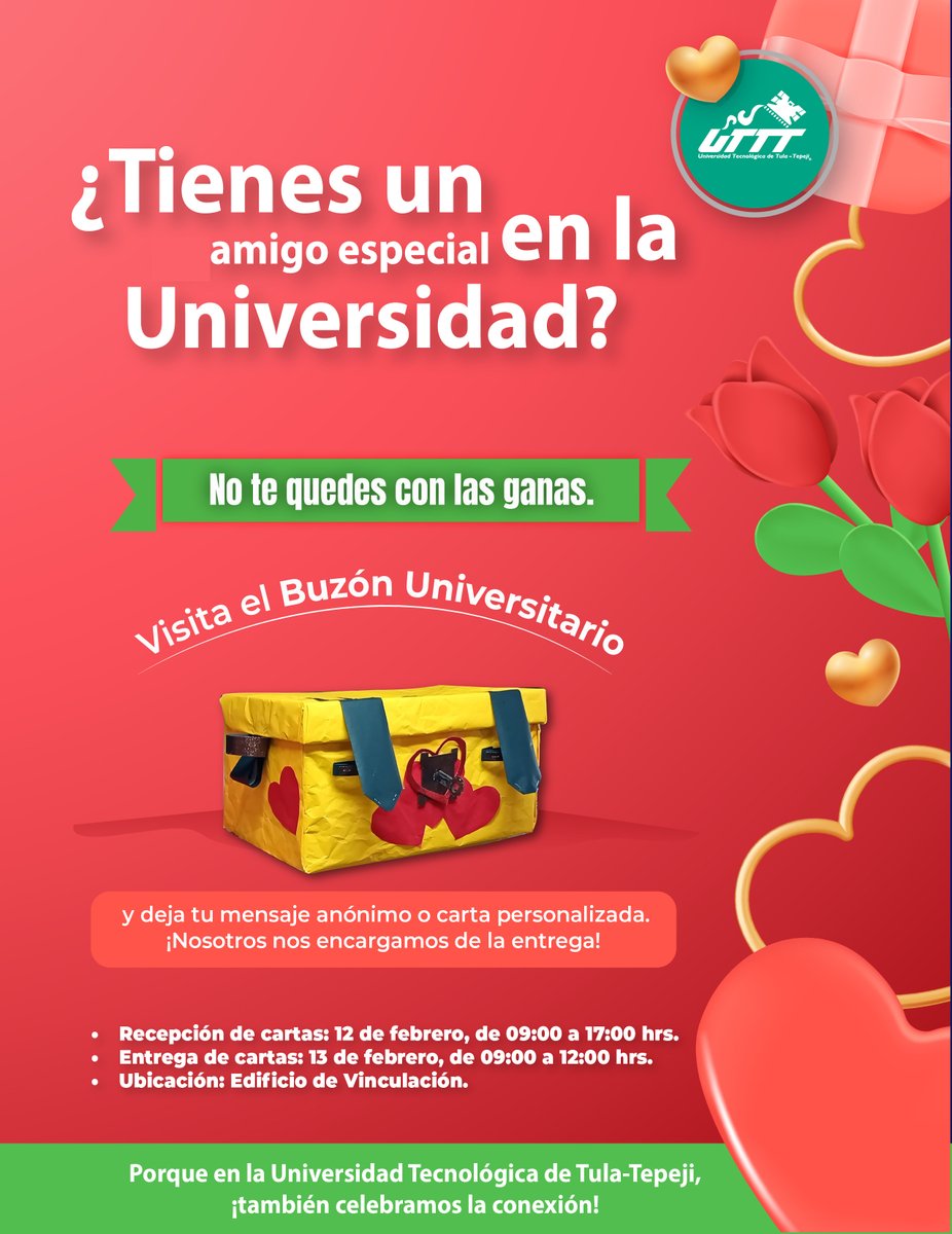 En el marco del día del Amor y la Amistad, participa en el Buzón Universitario, que se encuentra en el edificio de Vinculación, y contacta a ese amigo/a especial para ti.
Recepción de cartas el 12 de febrero de 2’026, de 09:00 a 17:00 horas.