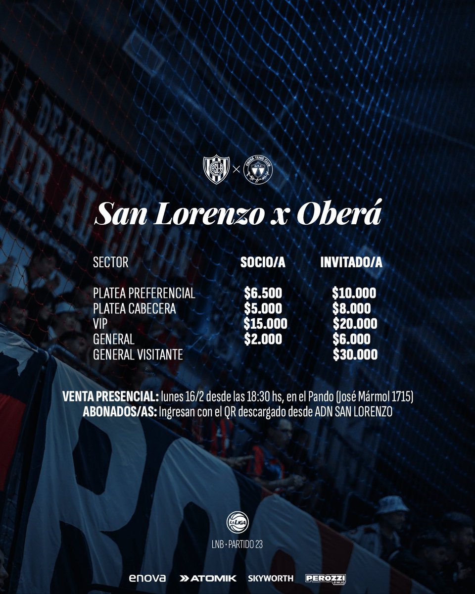 VENTA DE ENTRADAS 🆚 OBERÁ

#SanLorenzo jugará este lunes en el Pando, a las 20:30 horas, por el juego 2️⃣3️⃣ de la <a href="/LigaNacional/">La Liga</a> 

✅ ABONADOS/AS: Ingresan con el QR descargado desde ADN SAN LORENZO.

✅ VENTA PRESENCIAL: lunes desde las 18:30 en el Pando.

¡No podes faltar! 🫵🏼