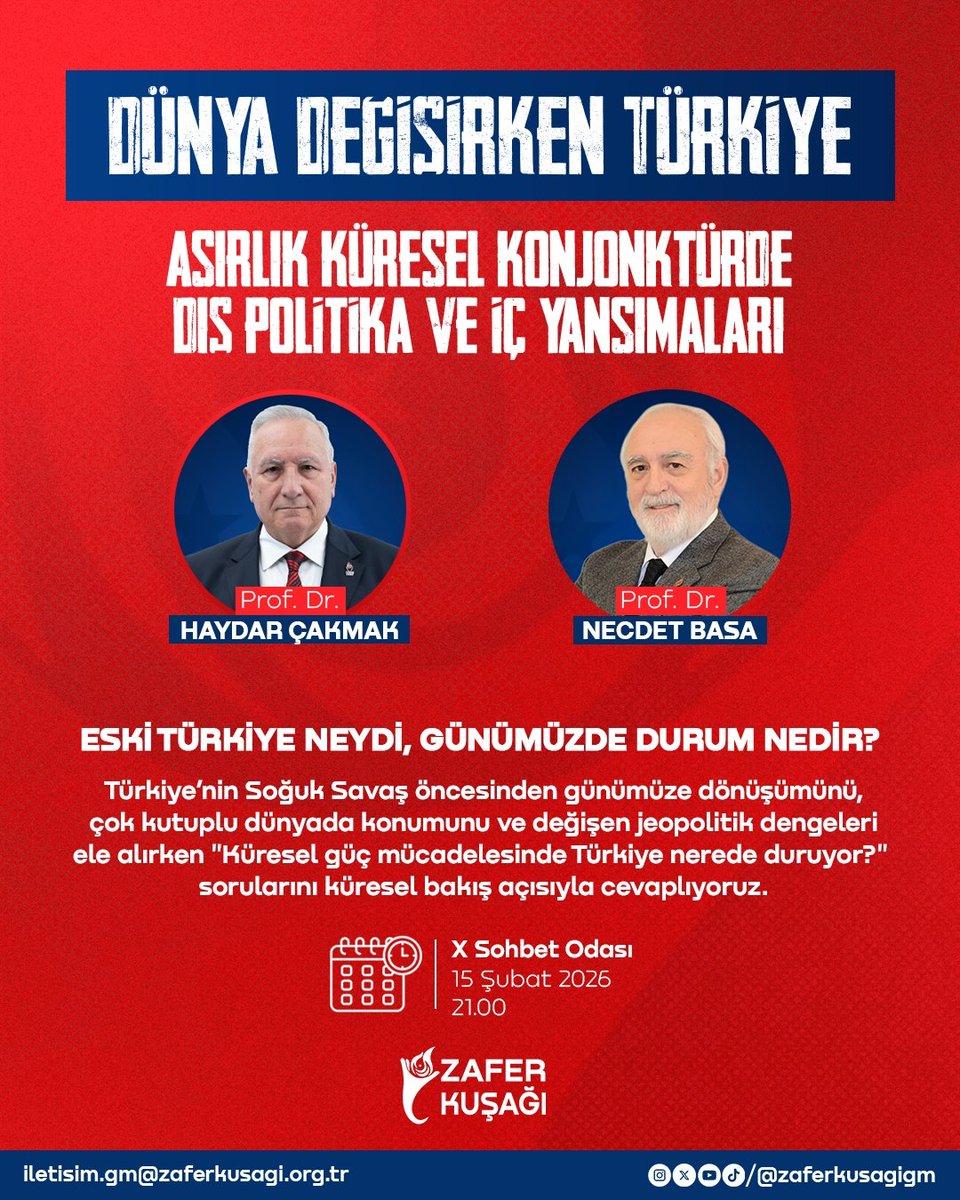 Asırlık küresel konjonktürde değişen güç dengelerini, dış politika yönelimlerini, iç siyasete yansımalarını doğru okumak isteyen; geçmişi analiz ederek geleceği stratejik akılla değerlendirmek isteyen tüm Türk gençliği sohbet odamıza davetlidir.

Bu kapsamda;

Prof. Dr. Haydar