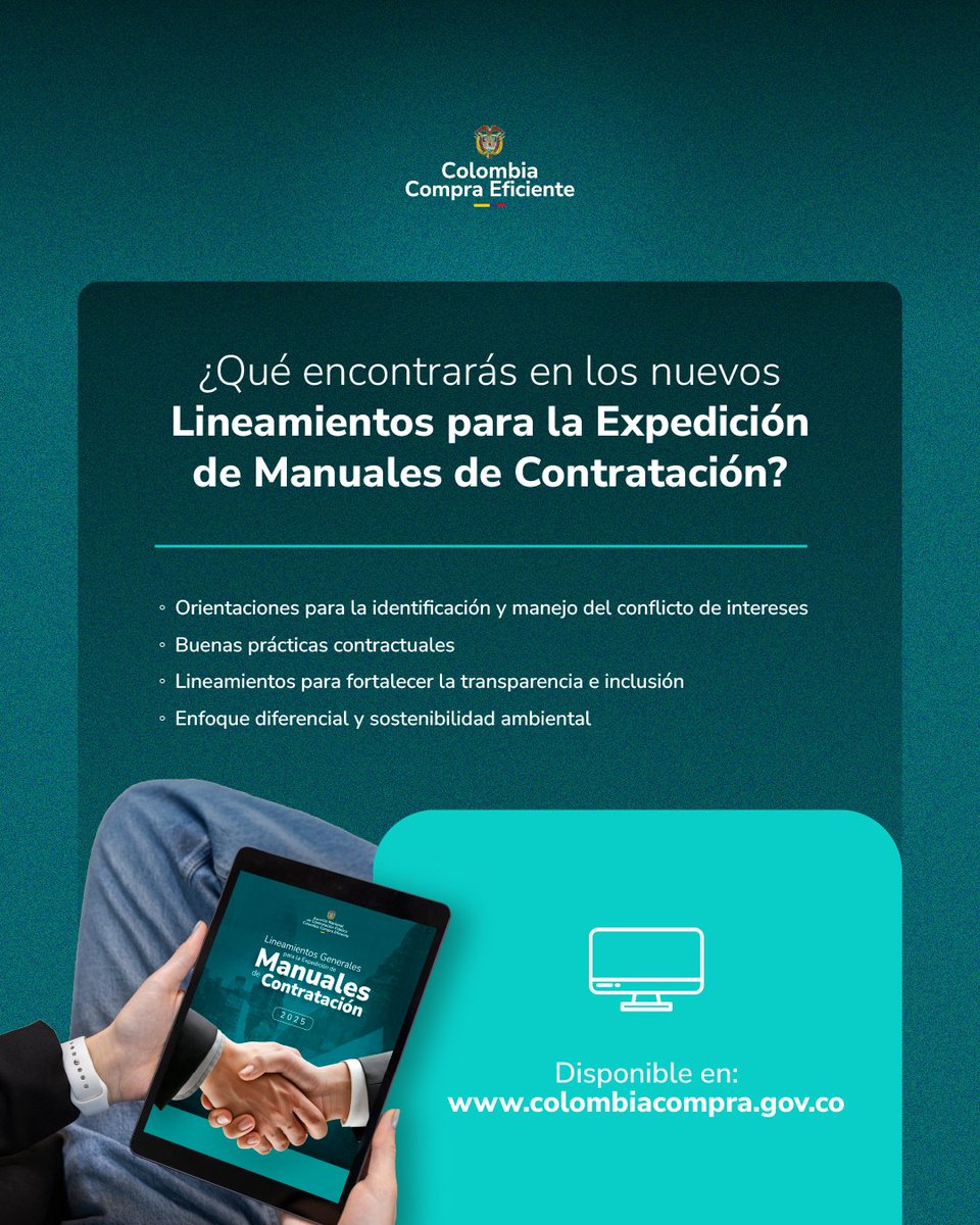 colombiacompra's tweet photo. ¡Buenas noticias! 

Con la publicación de la actualización de los Lineamientos Generales para la Expedición de Manuales de Contratación, ponemos a tu disposición una herramienta clave para fortalecer la gestión contractual de tu entidad en 2026: https://t.co/3AQ0fd7J9N https://t.co/b1SvP810G4