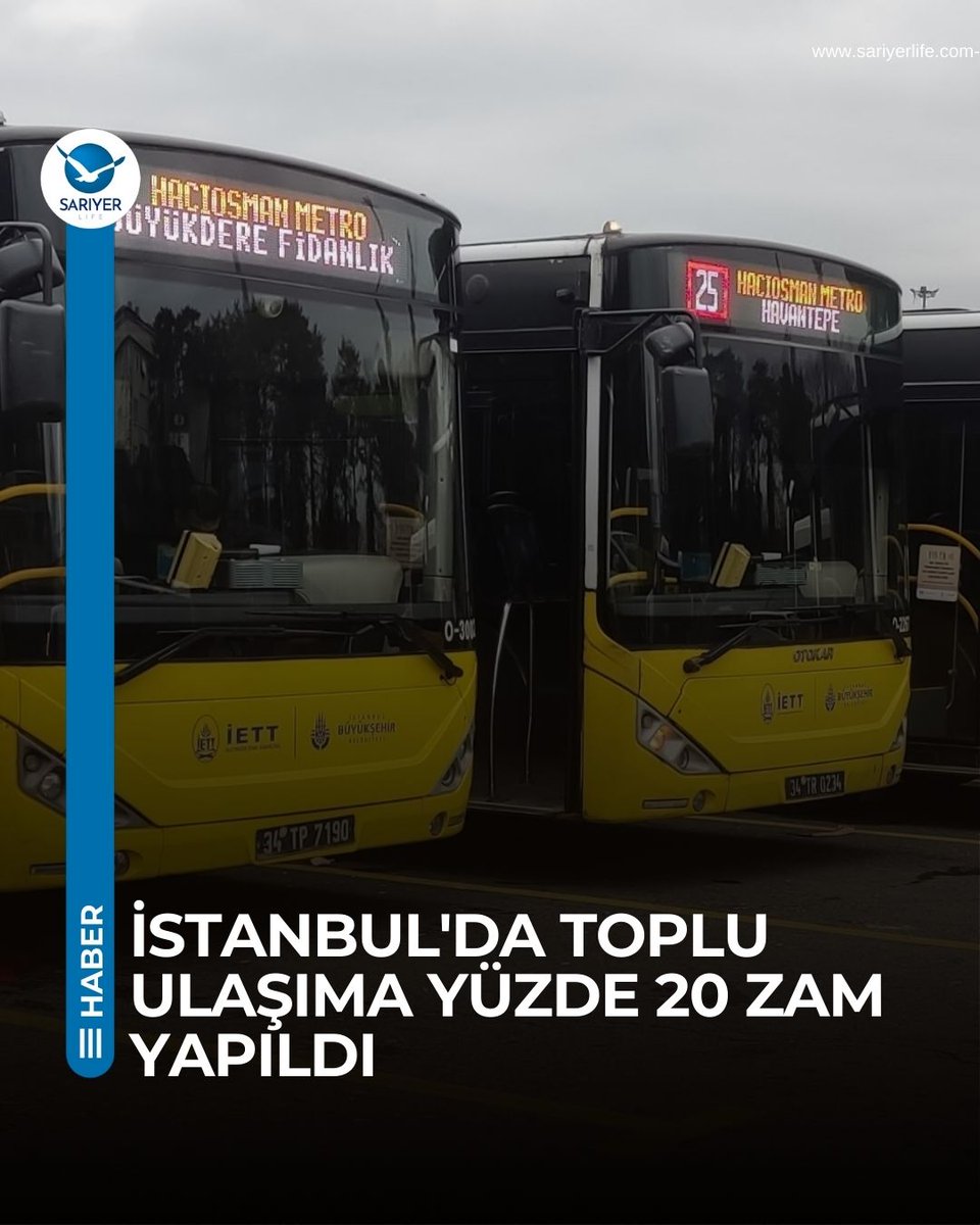 İstanbul Büyükşehir Belediyesi (İBB) Meclisinde, İstanbul'da otobüs, metro, metrobüs, minibüs ve vapur gibi toplu ulaşım araçları ile taksi ve okul servislerine yüzde 20 zam yapılmasına ilişkin teklif, oy çokluğuyla kabul edildi. 

#haber #sondakika #ibb #sariyer #gündem