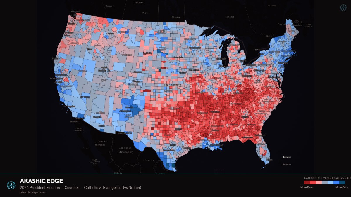 AkashicEdge's tweet photo. normalized Catholic/Evangelical split (blue more Catholic, red more Evangelical) - low key one of the most important maps of America https://t.co/iRggWbfBGN