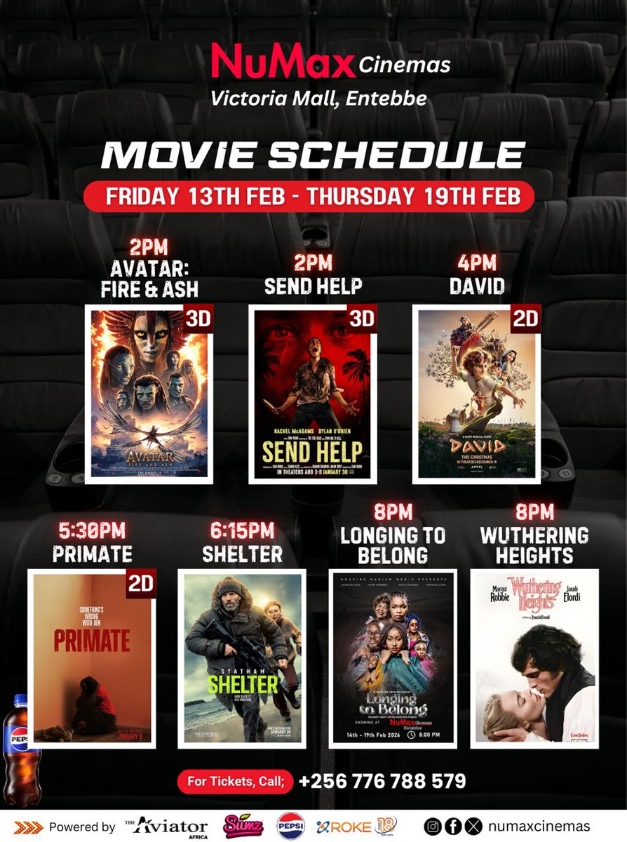 NuMaxCinemas's tweet photo. New Schedule Alert @NuMaxCinemas

#WutheringHeights – the passionate, stormy #epic everyone’s raving about is  #showingnow 

#MargotRobbie + #JacobElordi bring the 
#heat. 

Daily at #8pm on the big screen. Perfect for #Valentine’s vibes – grab tickets NOW 🍿🖤 #Entebbe #movies https://t.co/dnDjzKrLuu