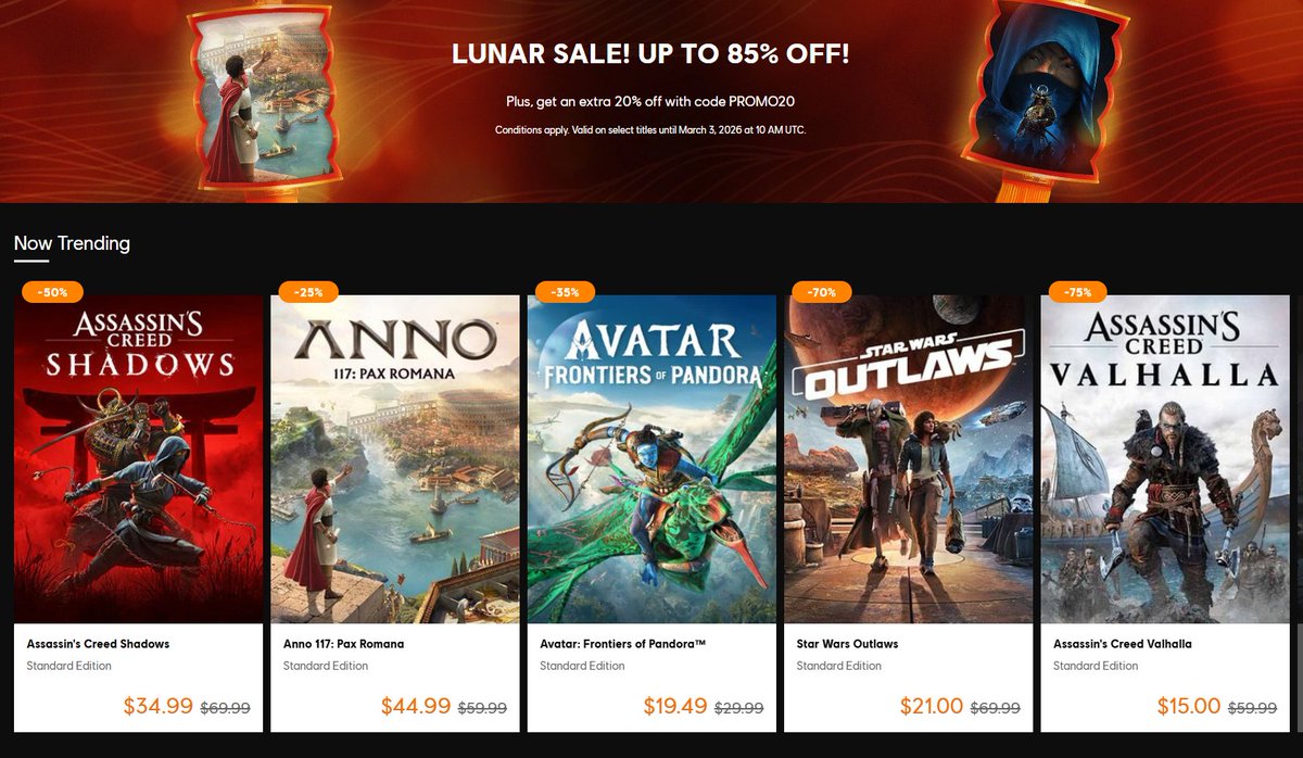 Volvemos a tener todos los juegos y dlc’s de la saga ANNO en oferta hasta el 3 de marzo. Consigue hasta un 75% de descuento en Anno 1800 y un 25 % de descuento en Anno 117.
A parte, conseguir un 20% de descuento extra, con mi código FIDOPLAY y PROMO20. store.ubisoft.com/es/home