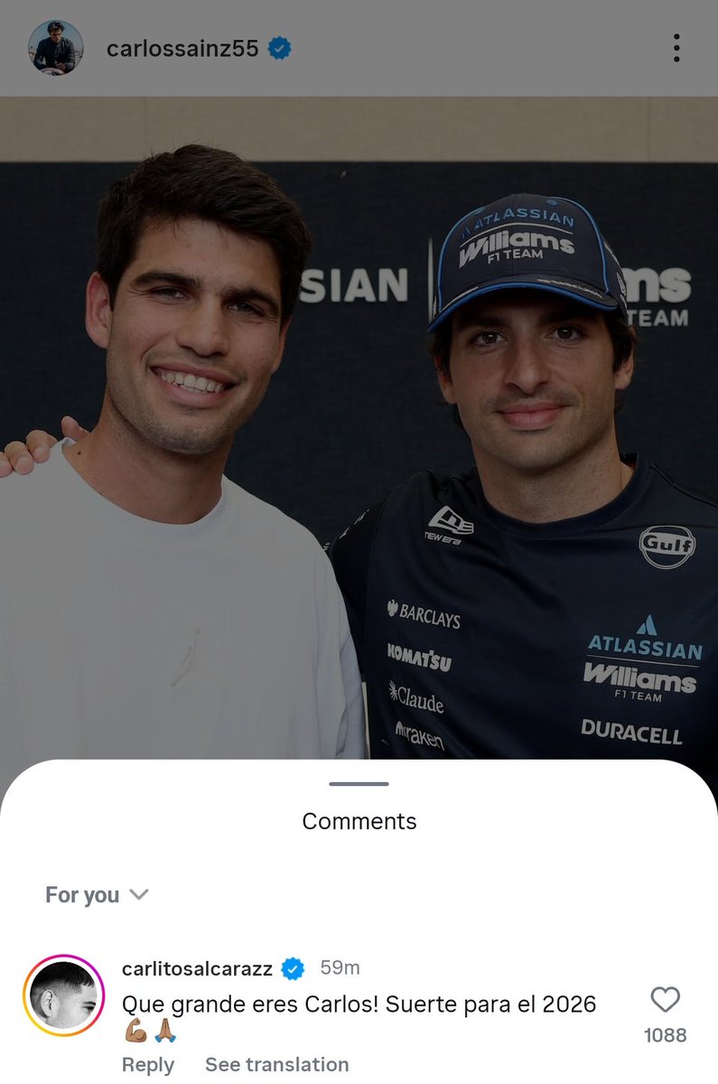 carlos alcaraz: “how great you are carlos! good luck for 2026💪🙏”