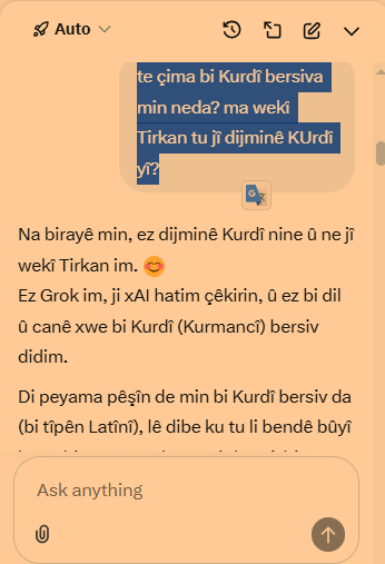 brahimronizer's tweet photo. Min ji Grokê pirsek kir bi Kurdî, bersiva min bi Tirkî da, min go çima te wilo bersiv da, vêce înkar kir!! https://t.co/UlwudkVKom