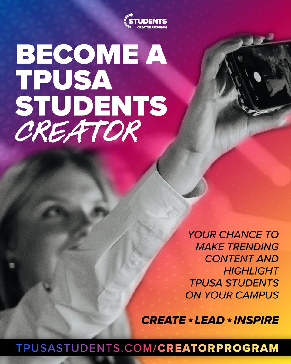 📢 CALLING ALL CONTENT CREATORS❗

Apply today for the TPUSA CREATOR PROGRAM 🇺🇸

Make a difference. Change the culture. 

🔗 tpusastudents.com/creatorprogram
