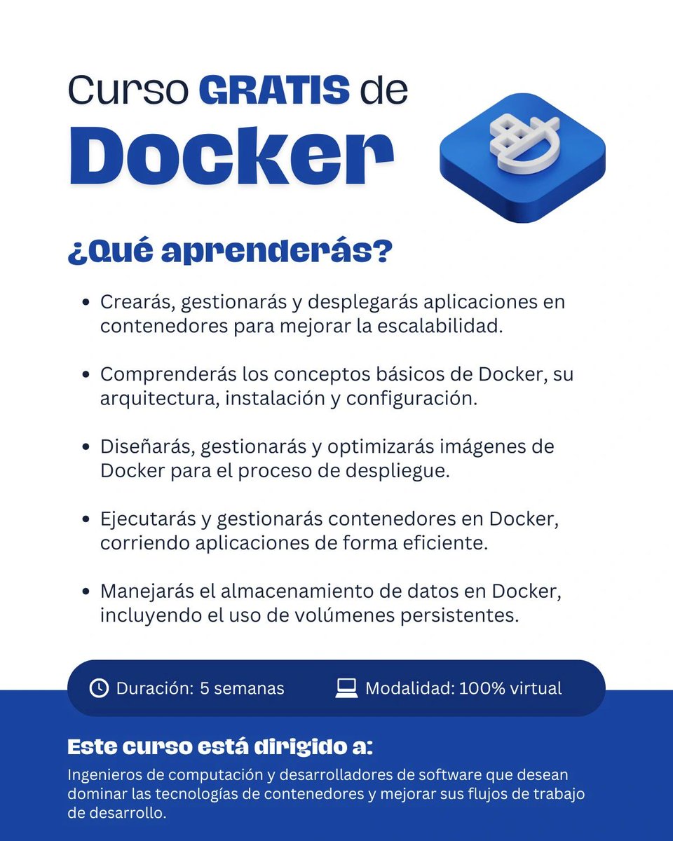 🚢Por si alguien ocupa aprender #docker 
👉 Detalles del curso
⏱️ Duración: 5 semanas (1 a 2 horas por semana)
💻 Modalidad: e-learning (video clases)
🔗 Enlace: lnkd.in/eYwpb_Zs