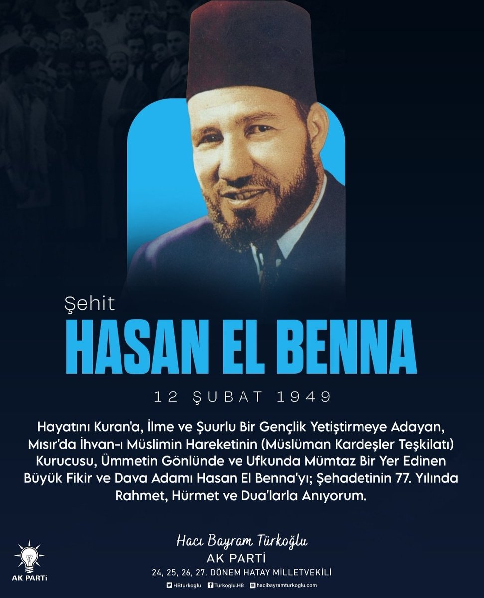 HBTurkoglu's tweet image. 🖋️❝Yarınlar Yorgun Olanların Değil Rahatından Vazgeçenlerin Olacaktır❞

📌Hayatını Kuran'a, İlme ve Şuurlu Bir Gençlik Yetiştirmeye Adayan, Mısır'da İhvan-ı Müslimin Hareketinin (Müslüman Kardeşler Teşkilatı) Kurucusu, Ümmetin Gönlünde ve Ufkunda Mümtaz Bir Yer Edinen Büyük…