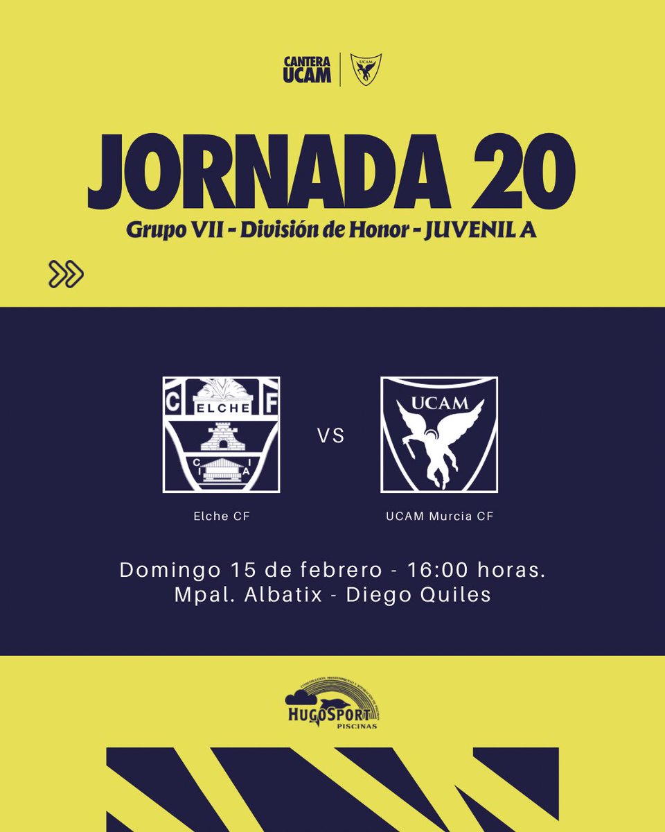📌 𝐉𝐔𝐕𝐄𝐍𝐈𝐋 𝐀 | 𝐒𝐢𝐠𝐮𝐢𝐞𝐧𝐭𝐞 𝐣𝐨𝐫𝐧𝐚𝐝𝐚:

🏆 Jornada 20 - G.VII de División de Honor.
📅 Domingo 15 de febrero.
🆚 <a href="/futbolbaseECF/">Fútbol Base Elche CF</a>.
⌚️ 16:00h. 
🏟️ Mpal. Albatix - Diego Quiles.

⭐️ 𝐏𝐢𝐬𝐜𝐢𝐧𝐚𝐬 𝐇𝐮𝐠𝐨𝐒𝐩𝐨𝐫𝐭

#ElcheUCAMMurcia | #CanteraUCAM