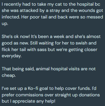 I'm taking emergency commissions/donations to help pay off my cat's hospital bill! I appreciate any and all help!
Updated commissions are available on Ko-fi and VGen!

ko-fi.com/plebgamur