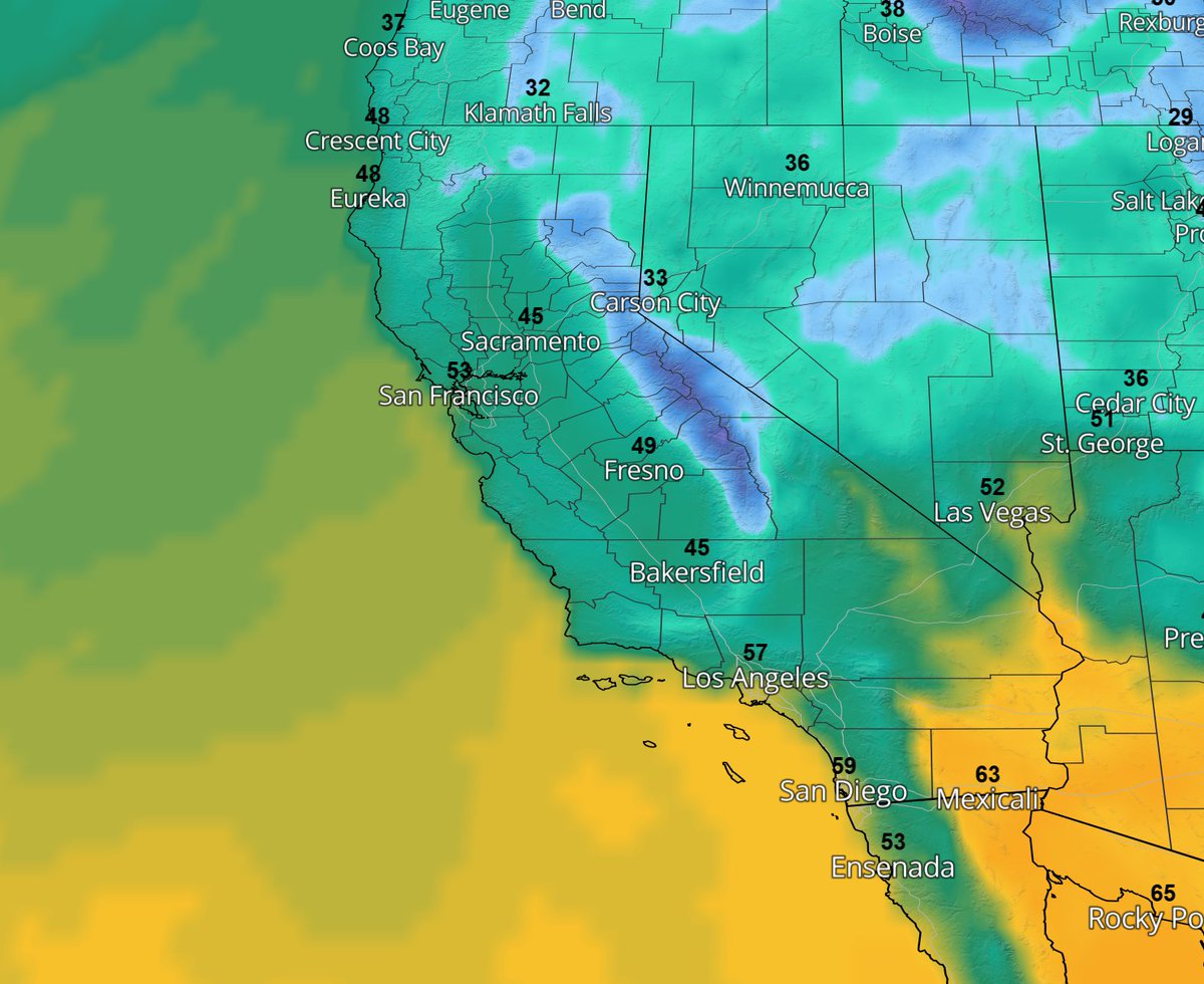 NatlWxFcst's tweet photo. California Highs and Lows! #cawx #castorms #california #californiarain https://t.co/0PVw6TUwAV