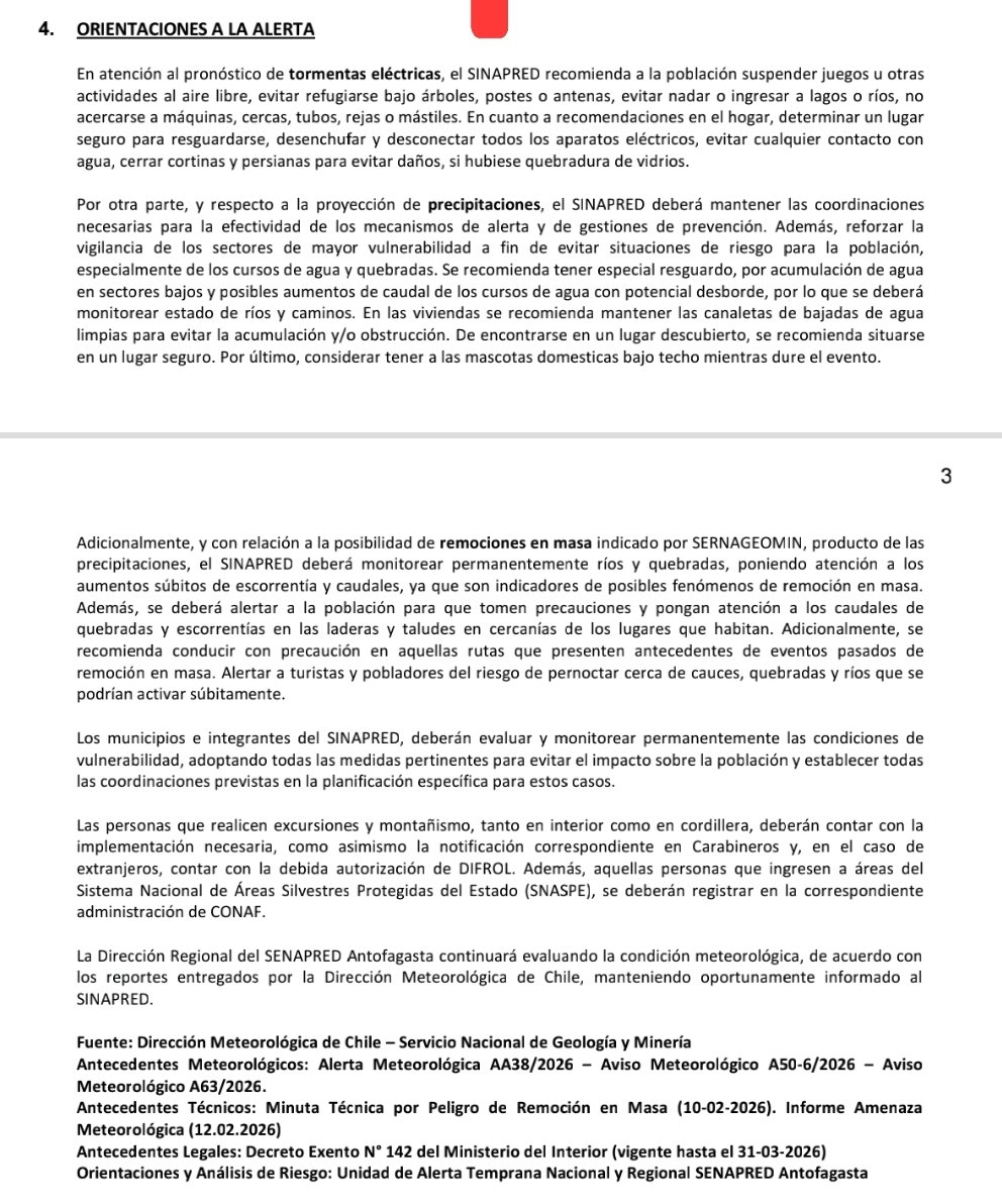 #Antofagasta
Estimad@s
Junto con saludar, se adjunta Actualiza Alerta Temprana Preventiva por Evento Meteorológico, cobertura Provincia de El Loa y comunas de Antofagasta, Sierra Gorda, María Elena y Taltal.

Atentamente,
*Unidad Regional de Alerta Temprana SENAPRED Antofagasta*