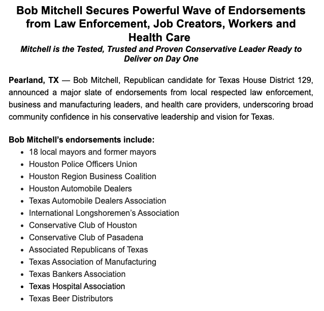 bradj_TX's tweet photo. Republican Bob Mitchell releases a list of endorsements, including a new one from @HPOUTX, in the #HD129 primary. #txlege https://t.co/5twyAxEqO1